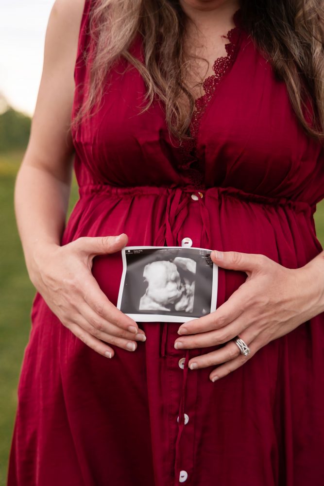 Pregnant woman wearing a burgundy maternity dress and posing among wildflowers during an outdoor Cleveland photography session.