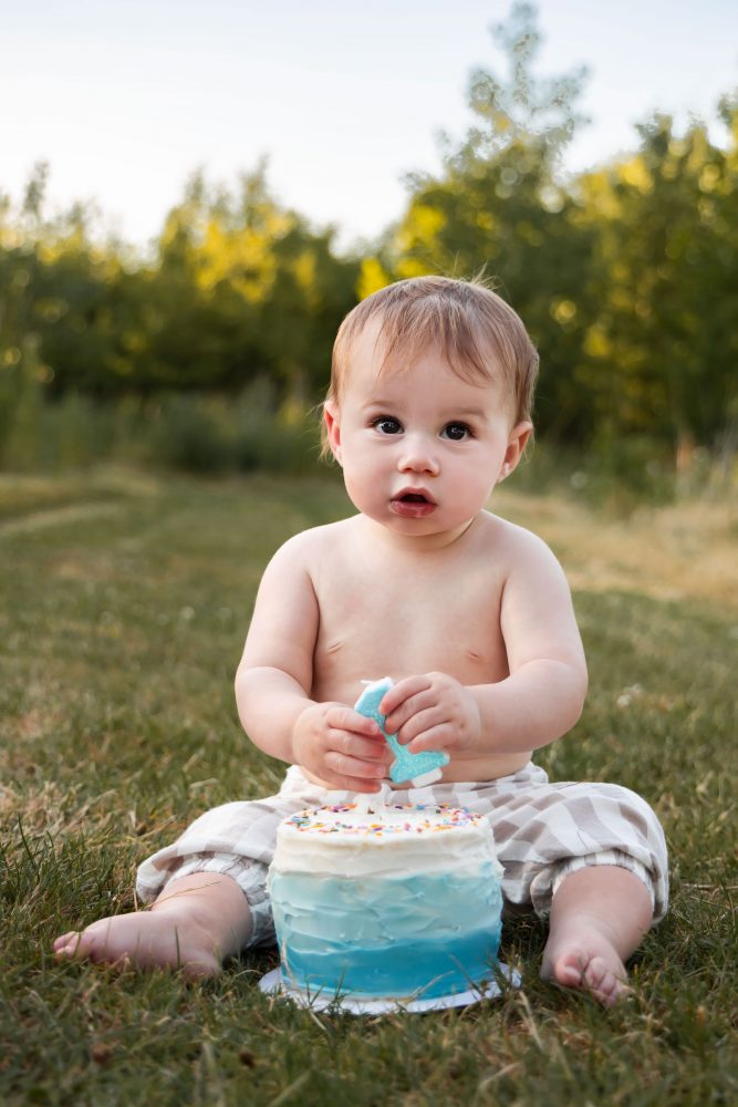 Baby boy celebrating his first birthday with frosting on his cheeks and hands during a playful outdoor cake smash.